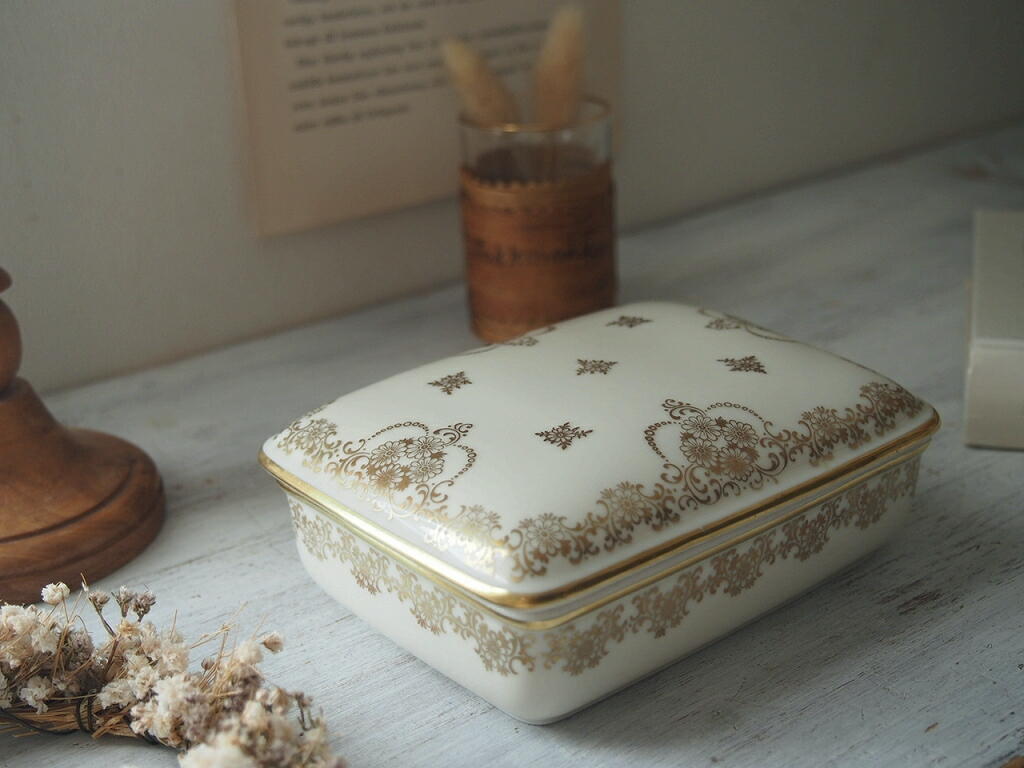 自然光の中に置かれた、ドイツ製 Johann Haviland の磁器小箱。 antenna